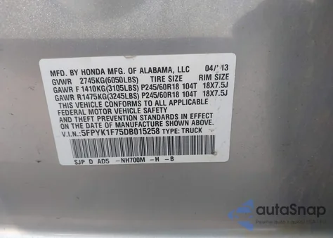 2013 Honda Ridgeline Sport z USA, uszkodzony, nr VIN 5FPYK1F75DB015258